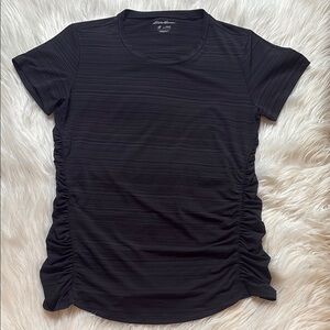 Eddie Bauer Black and Gray striped Ruched Athletic Top, Size Large